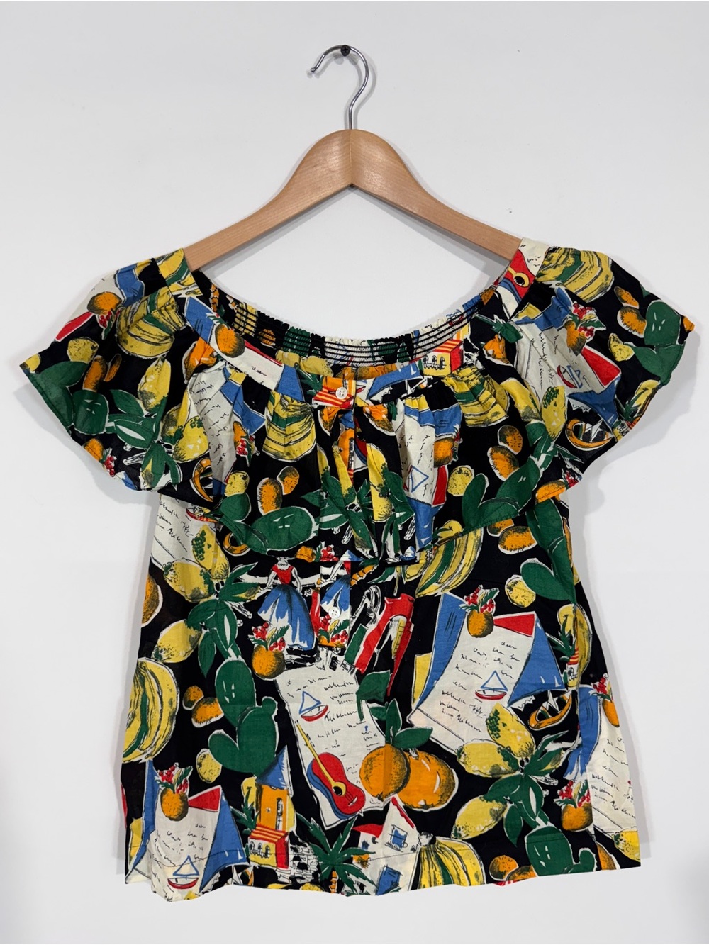 WSH8 {J. Crew} Italian Vacation Postcard Print Wide Neck Ruffle Tank Top Shirt